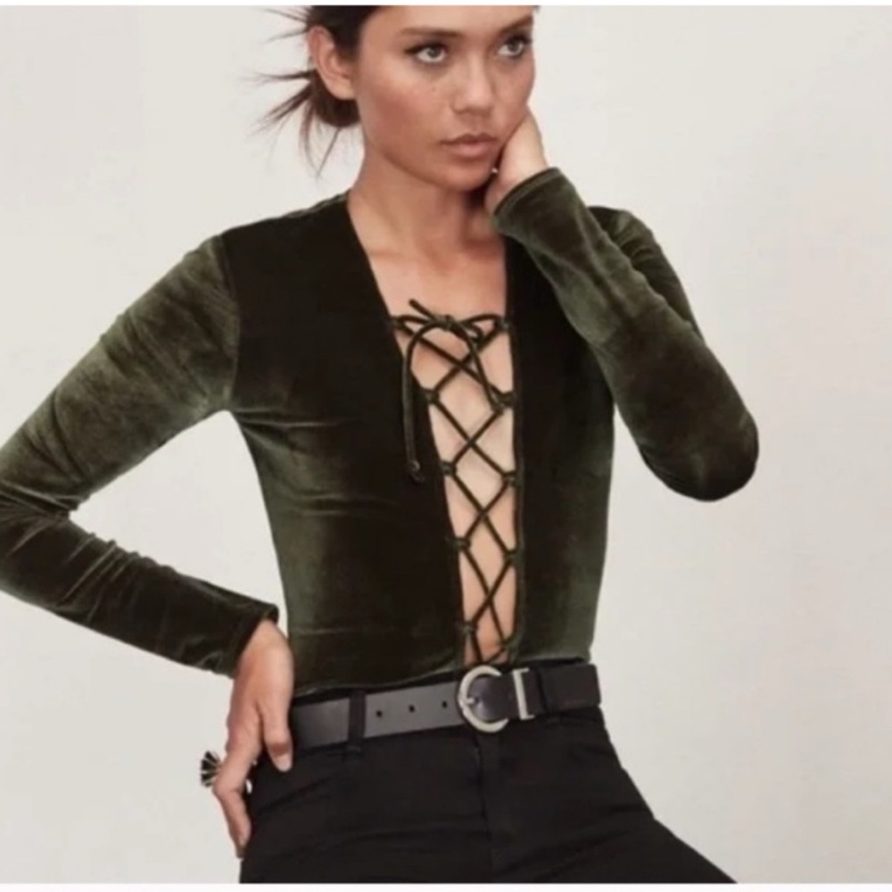Reformation Moss Green Velvet Lace-Up Bodysuit